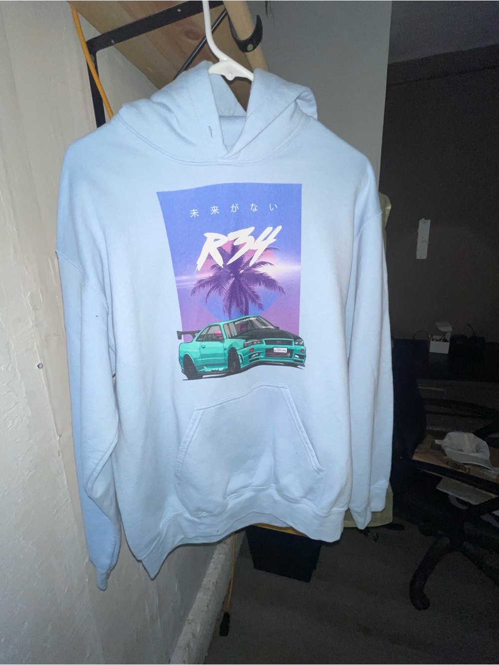 Retrolicious Light Blue Hoodie with Teal Car & Purple Sunset Graphic